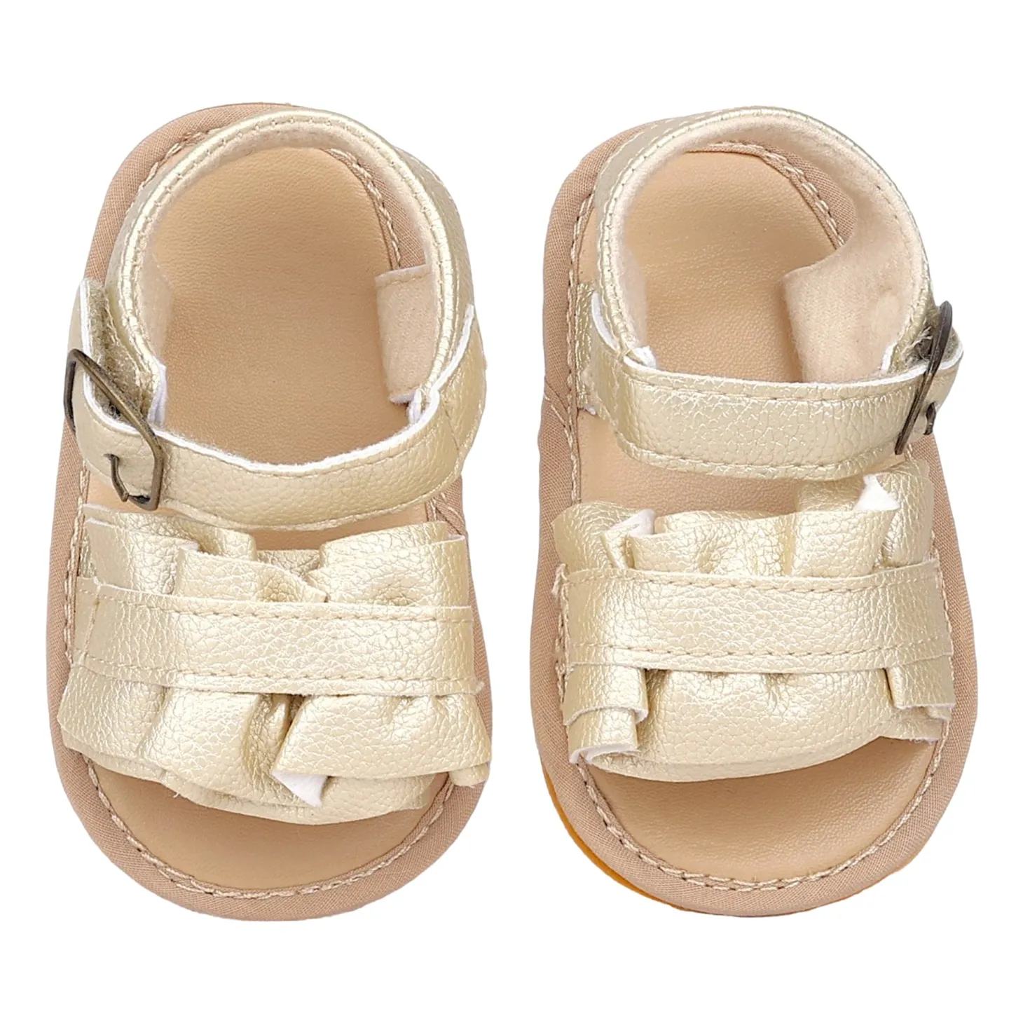 Baby Moo Frill Patterned Vegan Leather Buckle Strap Anti-Skid Sandals - Gold