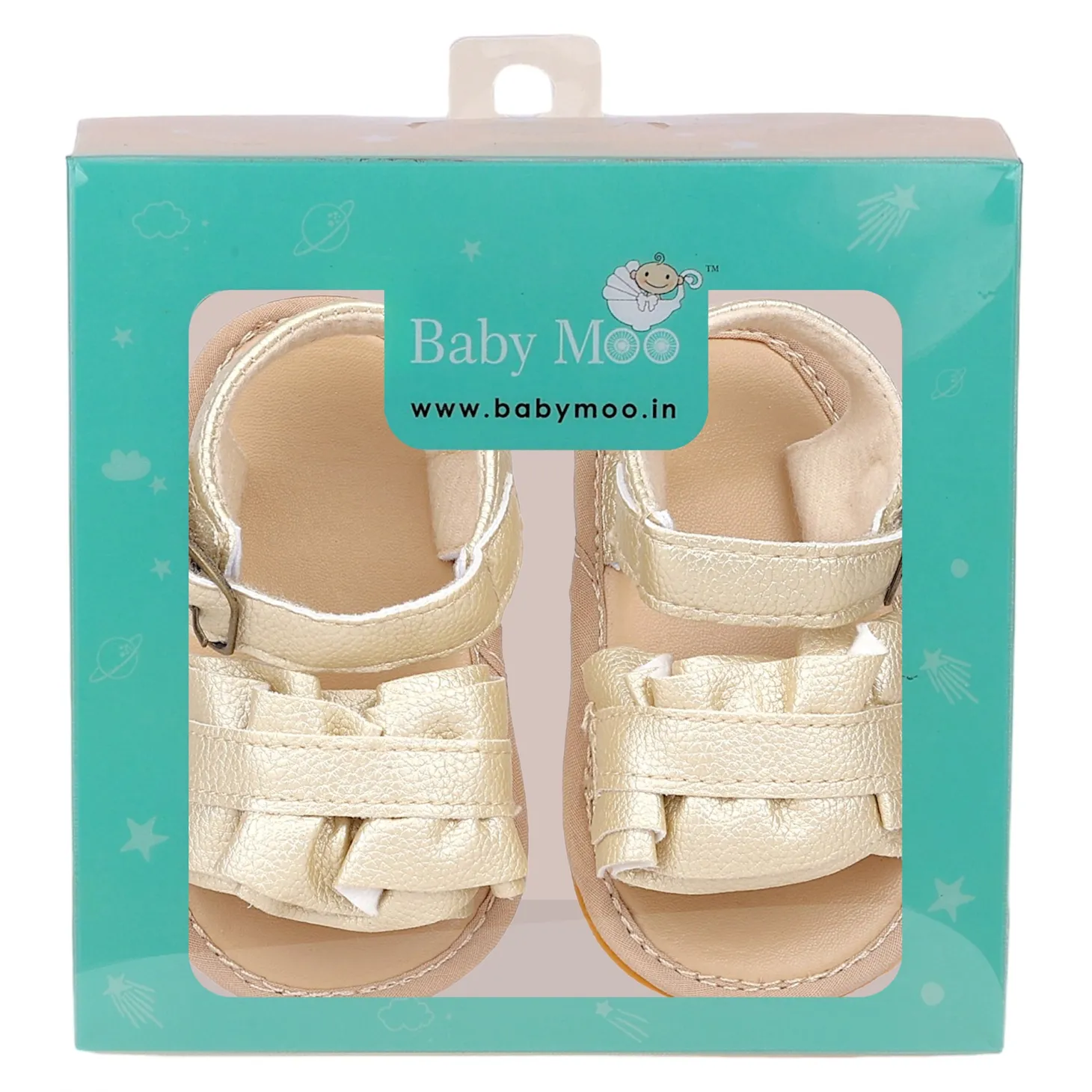 Baby Moo Frill Patterned Vegan Leather Buckle Strap Anti-Skid Sandals - Gold