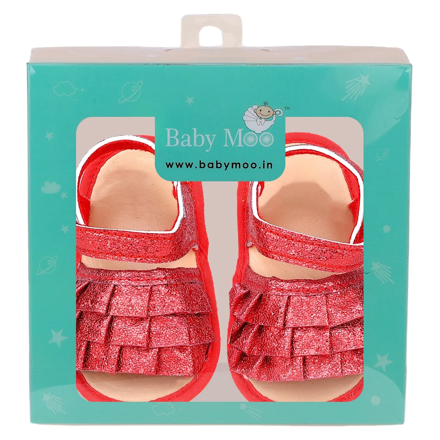 Baby Moo Frilly Glitter Partywear Velcro Straps Anti-Skid Sandals - Red