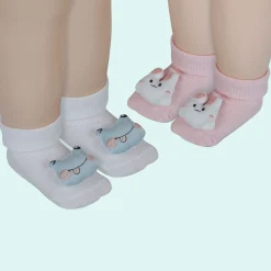 Baby Moo Frog And Rabbit 3D Rattle Anti-Skid Socks Booties Pack of 2 - White, Pink