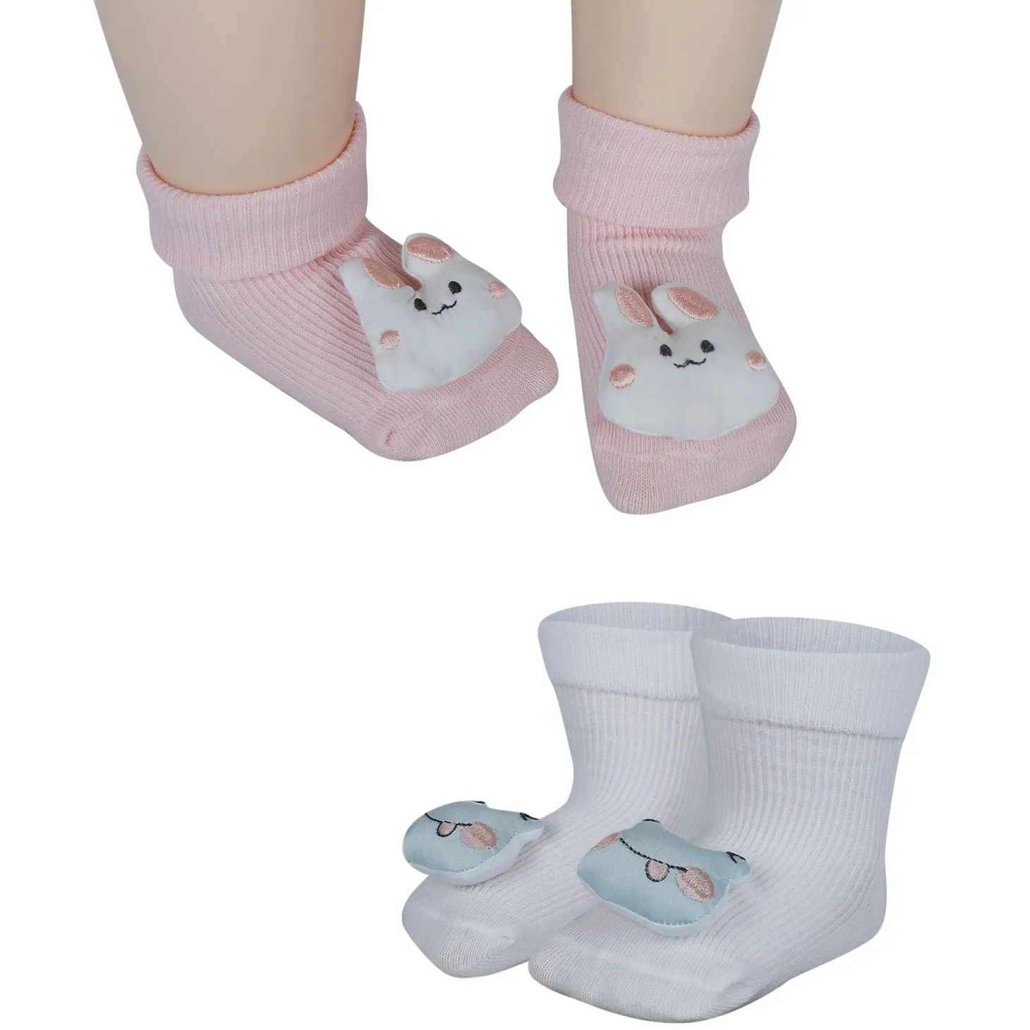 Baby Moo Frog And Rabbit 3D Rattle Anti-Skid Socks Booties Pack of 2 - White, Pink