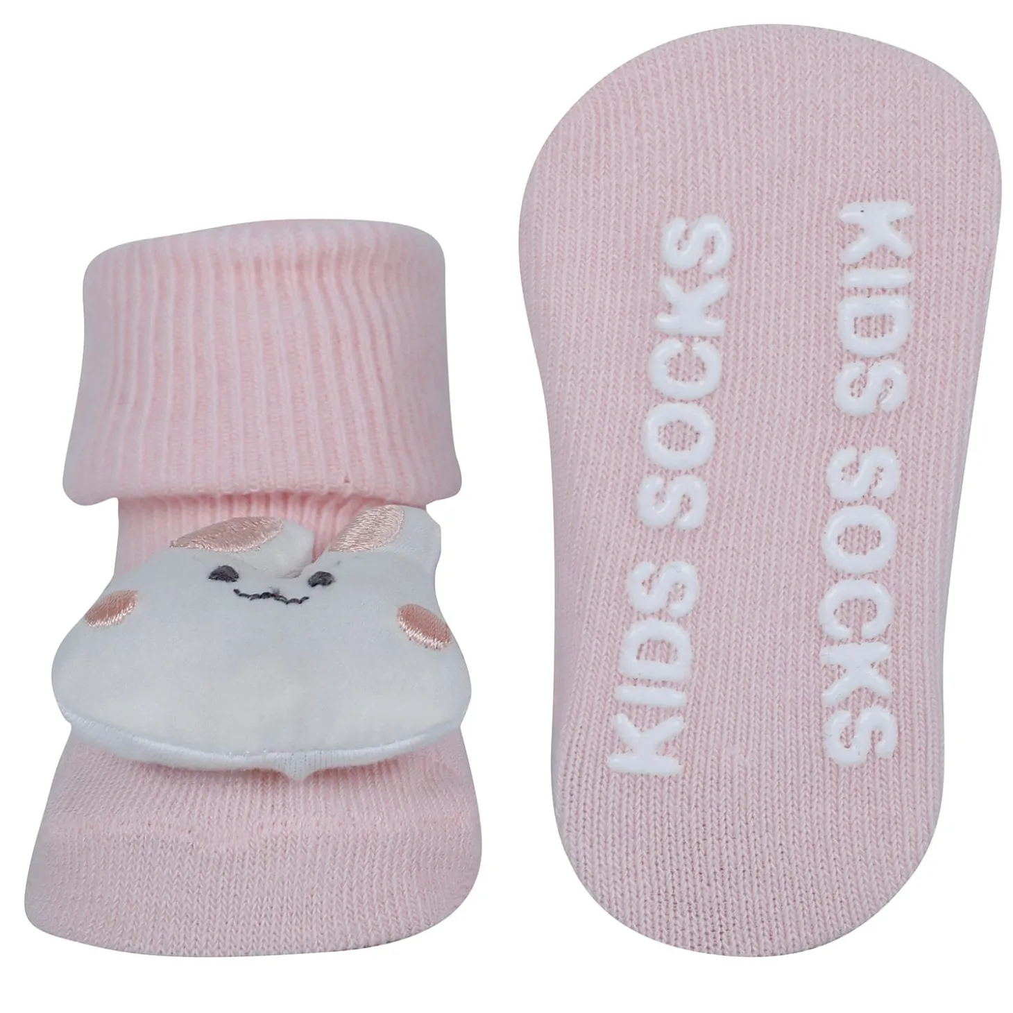 Baby Moo Frog And Rabbit 3D Rattle Anti-Skid Socks Booties Pack of 2 - White, Pink