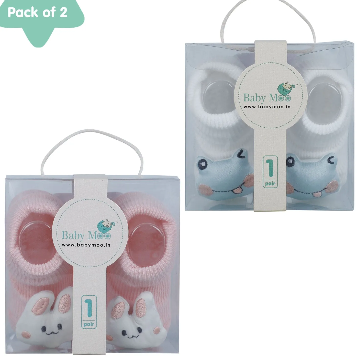 Baby Moo Frog And Rabbit 3D Rattle Anti-Skid Socks Booties Pack of 2 - White, Pink
