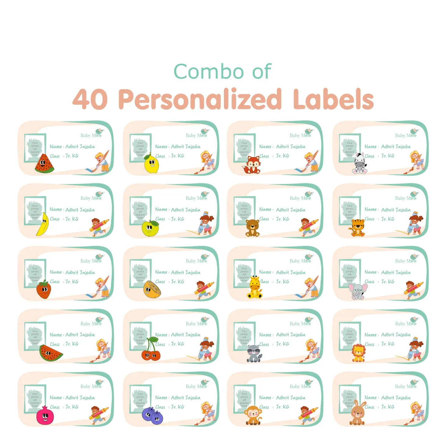Baby Moo Fruits And Animals Personalised Photo And Name Waterproof Labels 40 Pcs Stationery Set For Children - Multicolour