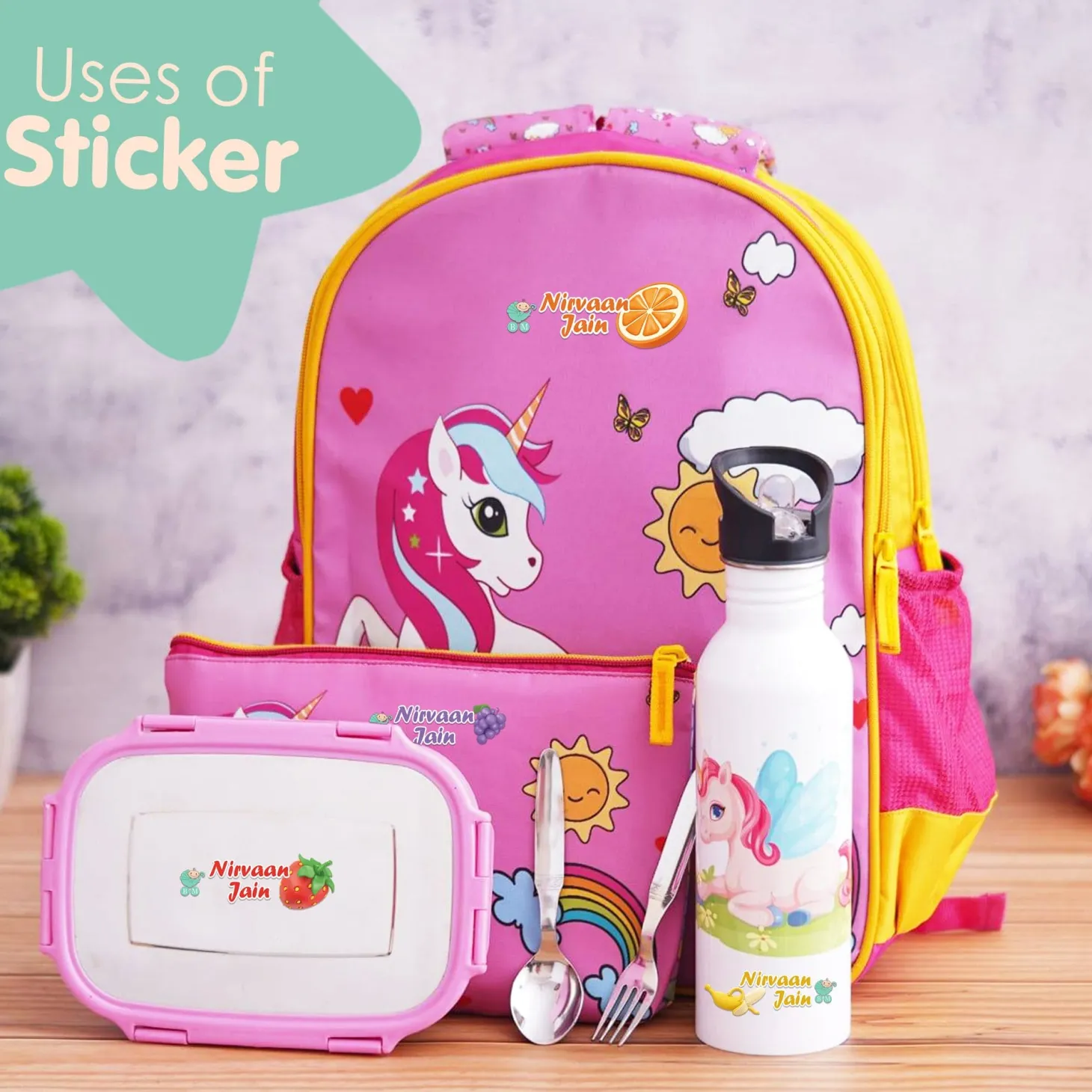 Baby Moo Fruits Personalised Name Self Adhesive Transparent Embossed Stickers, 3D Labels 20 Pcs Stationery Set for Children - Multicolour