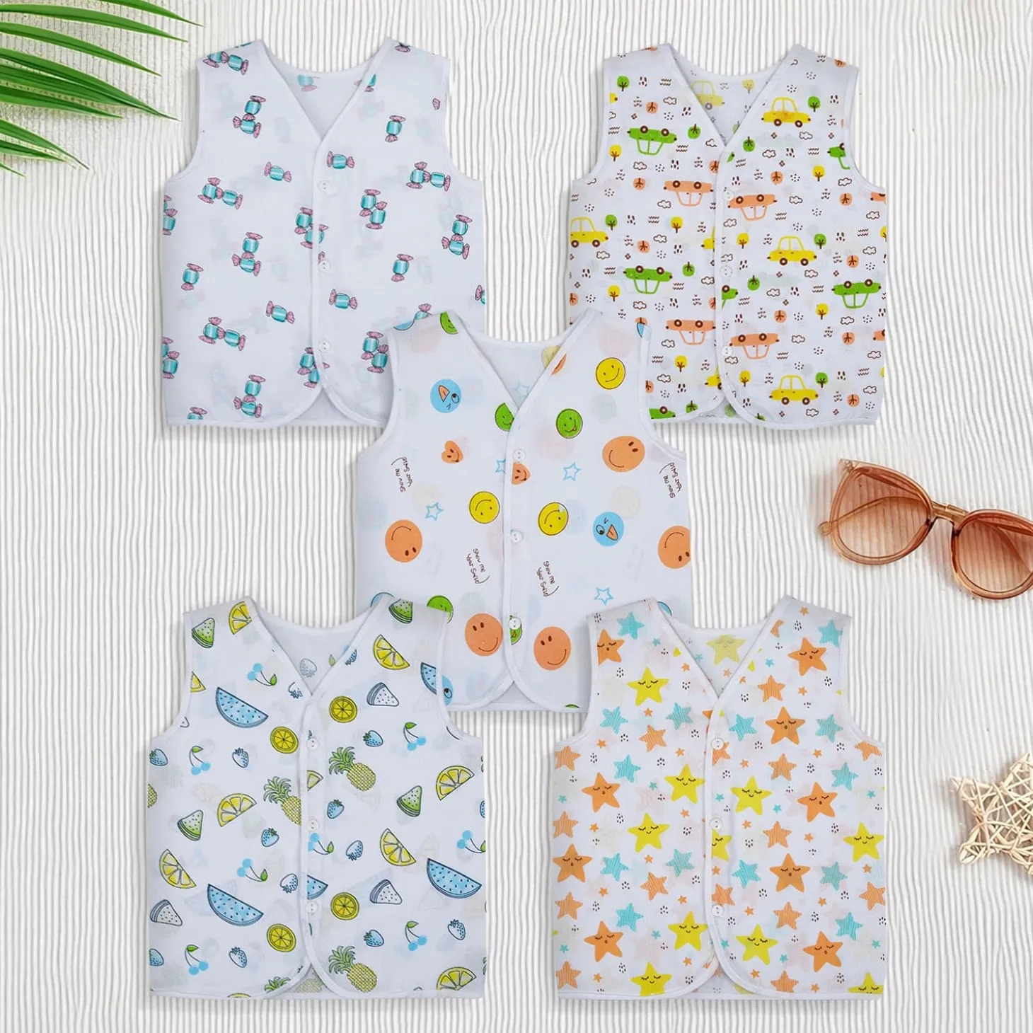 Baby Moo Fruity Fun Prints V-Neck Sleeveless Front Opening Button Cotton Jhablas 5 Pcs - Green, Multicolour