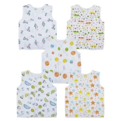 Baby Moo Fruity Fun Prints V-Neck Sleeveless Front Opening Button Cotton Jhablas 5 Pcs - Green, Multicolour