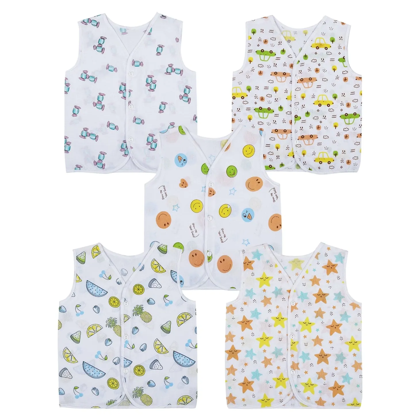 Baby Moo Fruity Fun Prints V-Neck Sleeveless Front Opening Button Cotton Jhablas 5 Pcs - Green, Multicolour