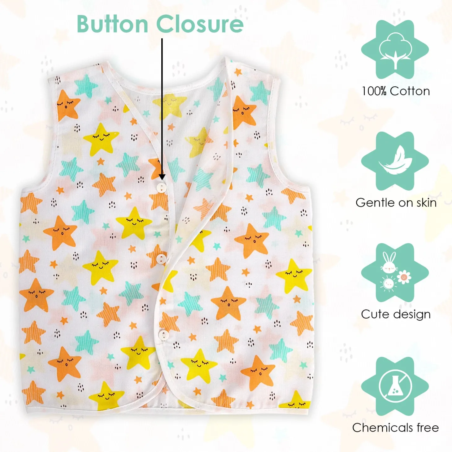 Baby Moo Fruity Fun Prints V-Neck Sleeveless Front Opening Button Cotton Jhablas 5 Pcs - Green, Multicolour