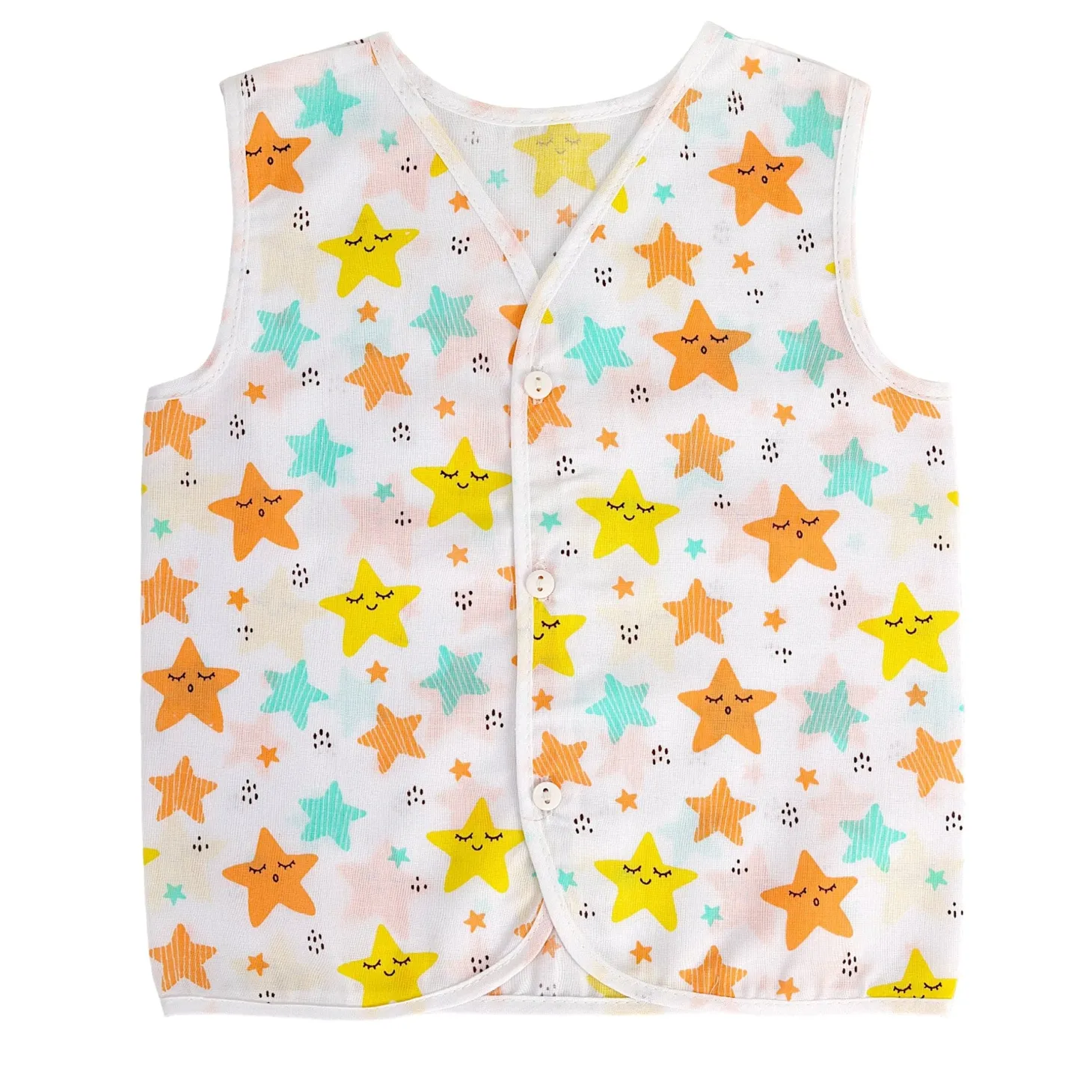 Baby Moo Fruity Fun Prints V-Neck Sleeveless Front Opening Button Cotton Jhablas 5 Pcs - Green, Multicolour