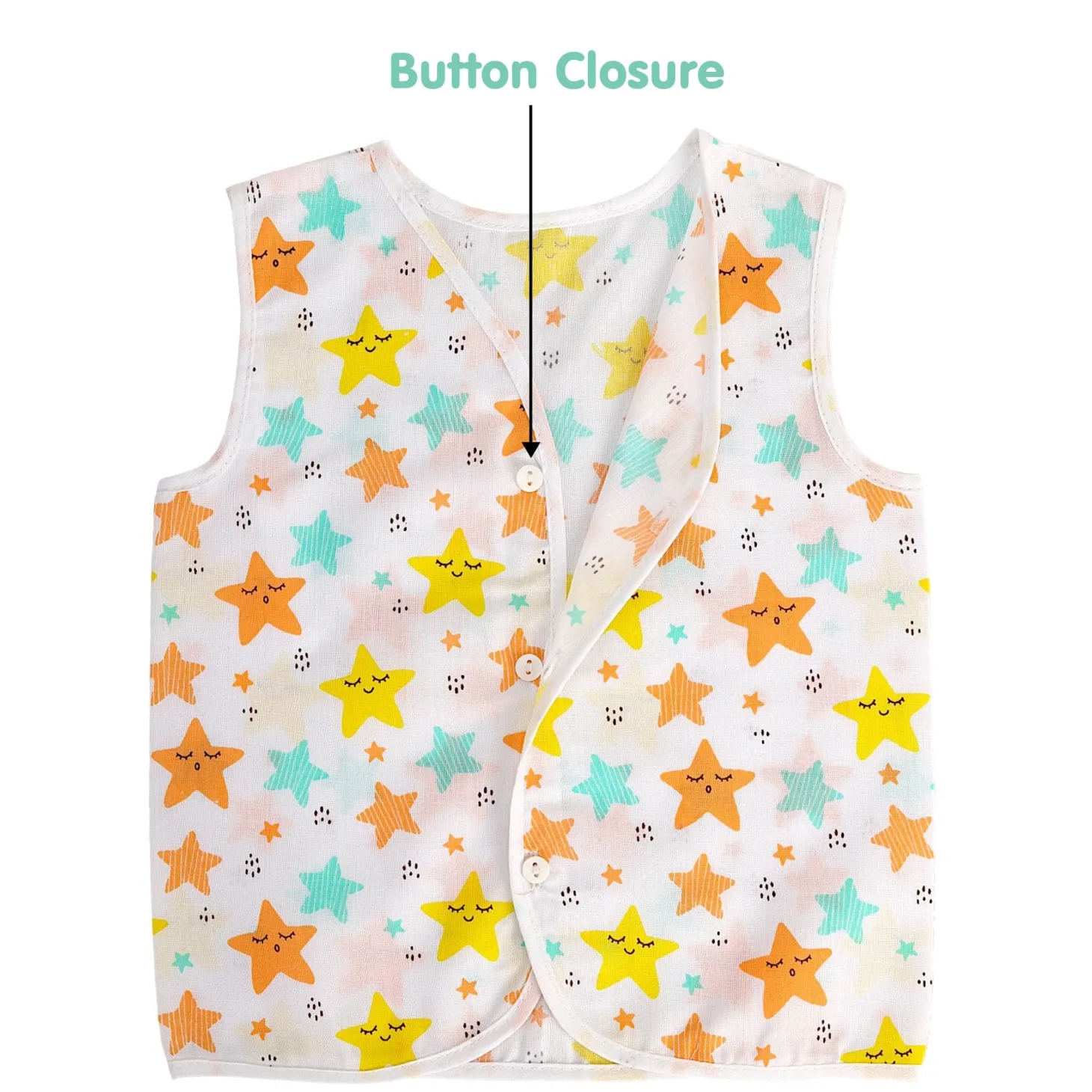 Baby Moo Fruity Fun Prints V-Neck Sleeveless Front Opening Button Cotton Jhablas 5 Pcs - Green, Multicolour