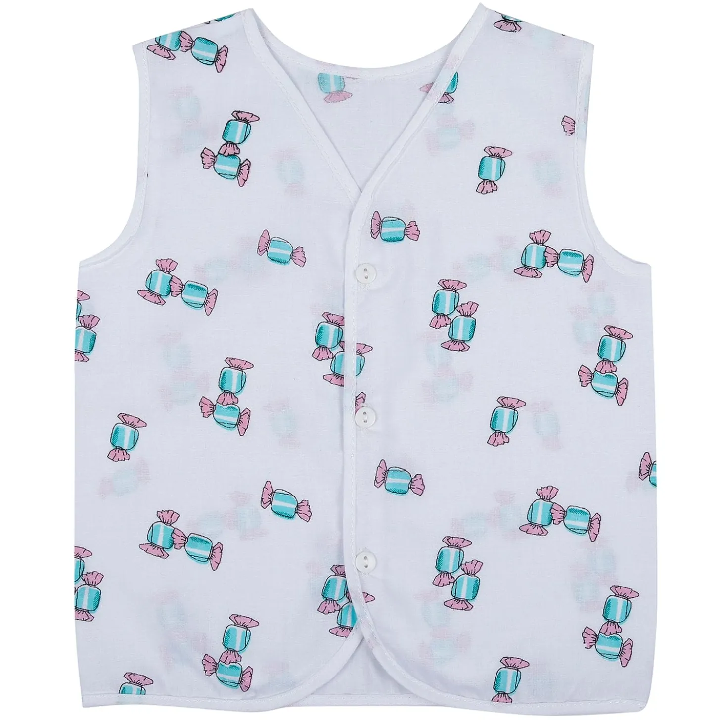 Baby Moo Fruity Fun Prints V-Neck Sleeveless Front Opening Button Cotton Jhablas 5 Pcs - Green, Multicolour