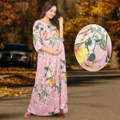 Baby Moo Full Length Comfortable Nursing And Maternity Dress Floral Lily - Pink