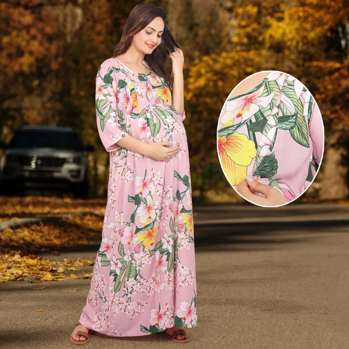 Baby Moo Full Length Comfortable Nursing And Maternity Dress Floral Lily - Pink