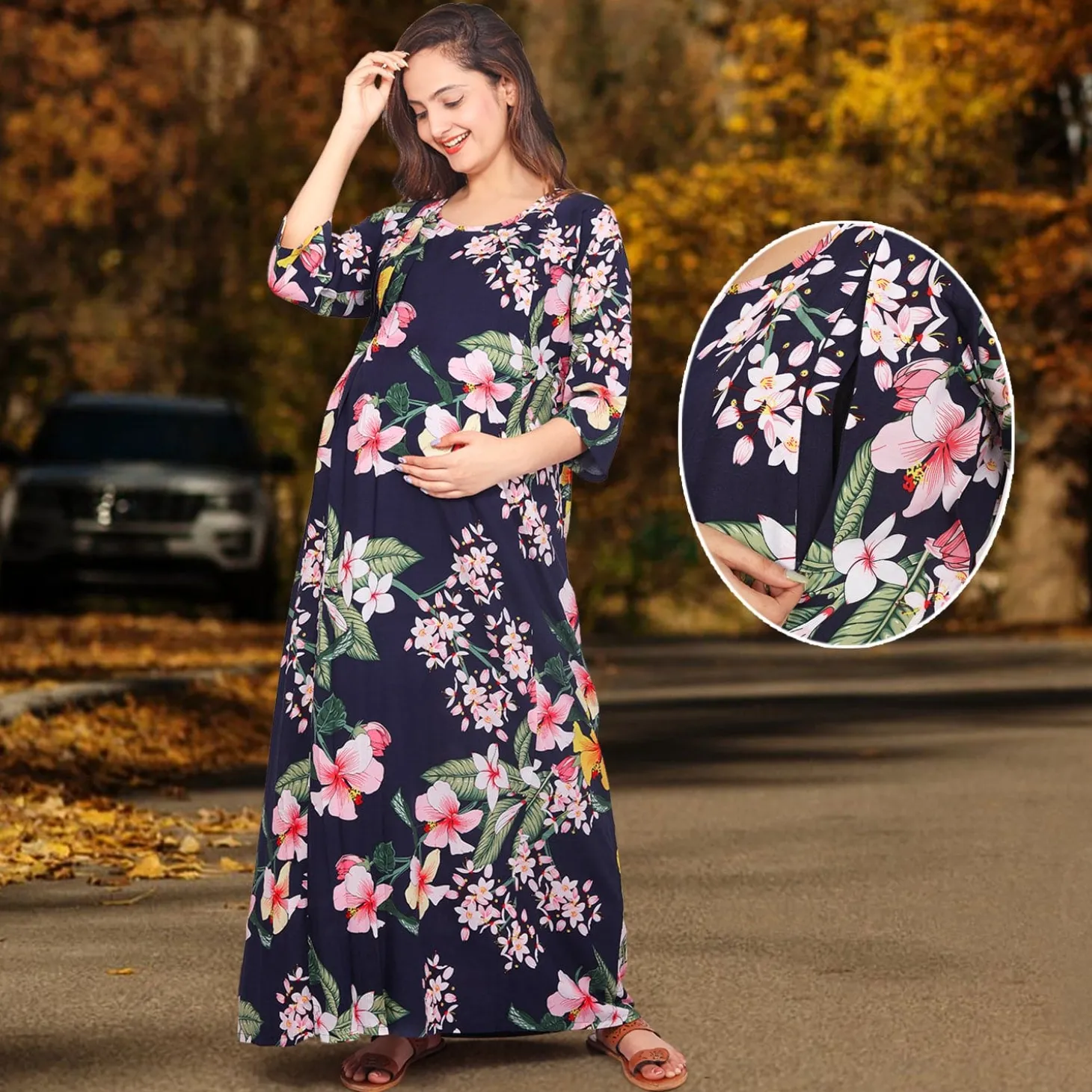 Baby Moo Full Length Comfortable Nursing And Maternity Dress Floral Lily - Blue