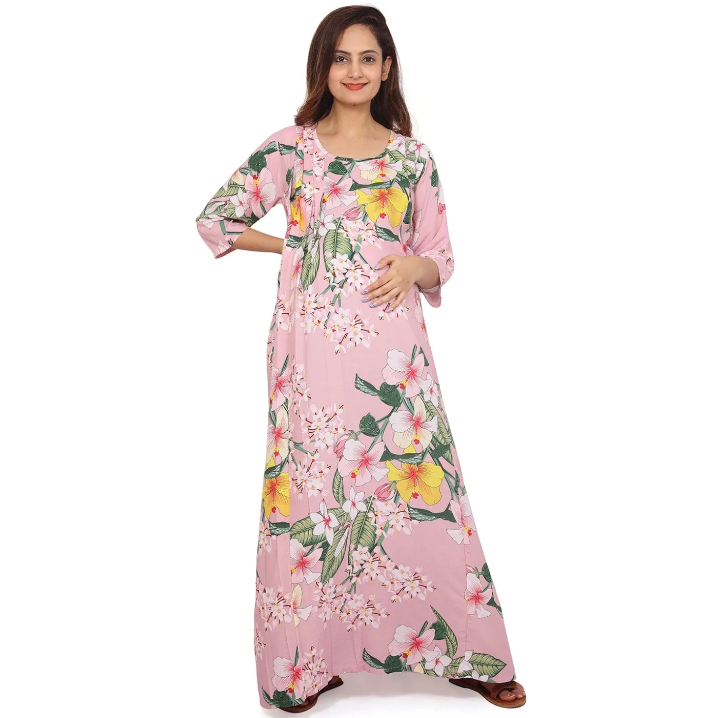 Baby Moo Full Length Comfortable Nursing And Maternity Dress Floral Lily - Pink