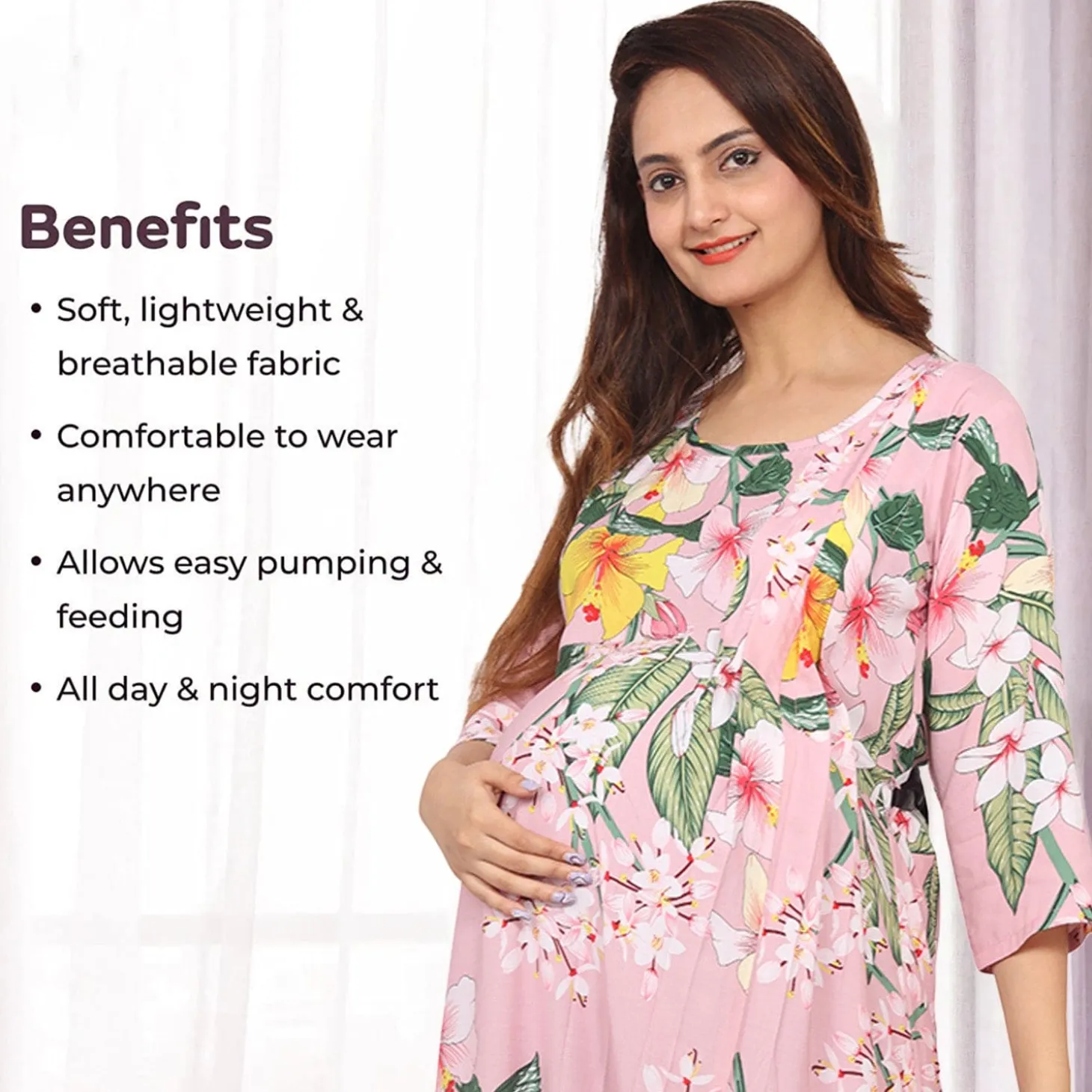 Baby Moo Full Length Comfortable Nursing And Maternity Dress Floral Lily - Pink
