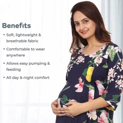Baby Moo Full Length Comfortable Nursing And Maternity Dress Floral Lily - Blue