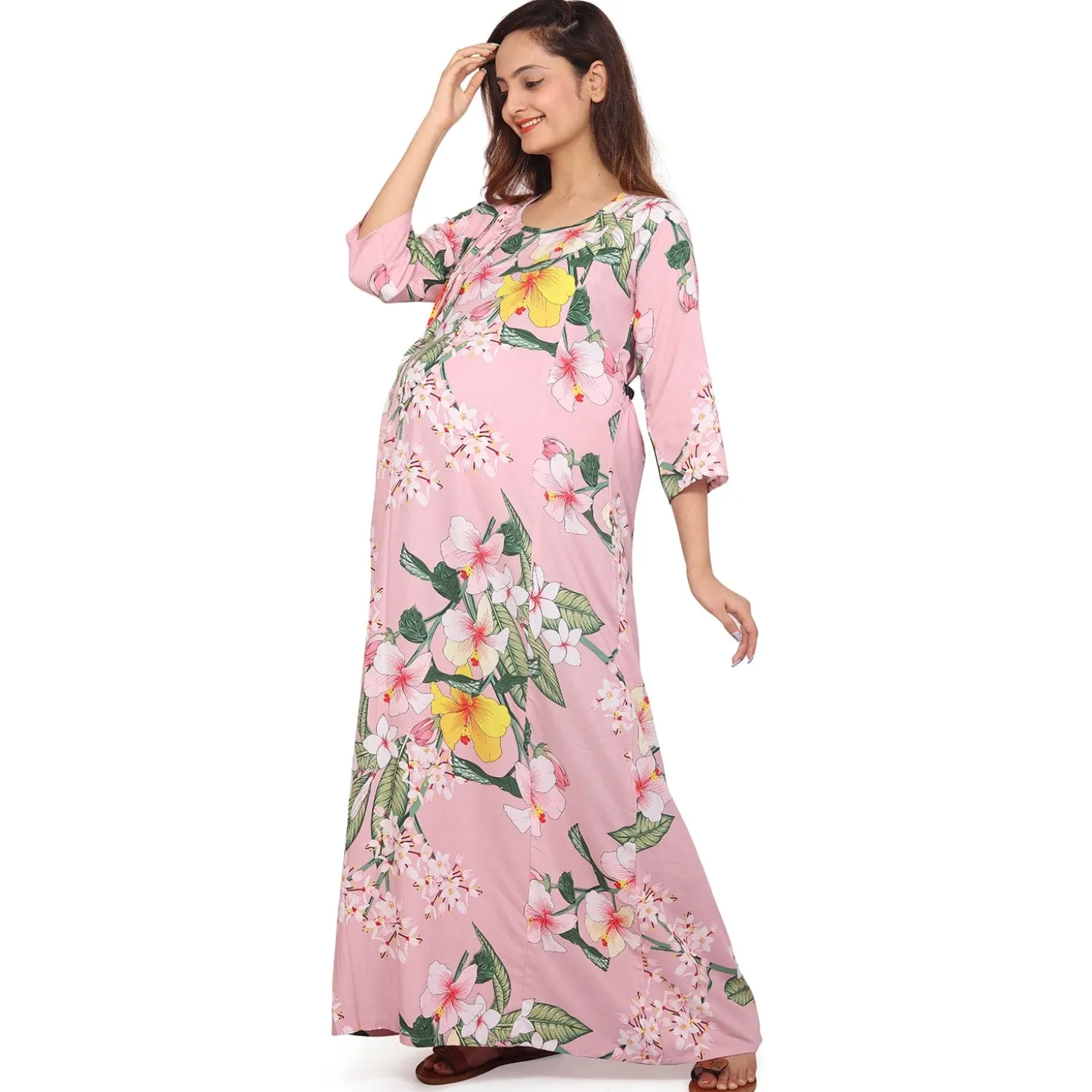 Baby Moo Full Length Comfortable Nursing And Maternity Dress Floral Lily - Pink