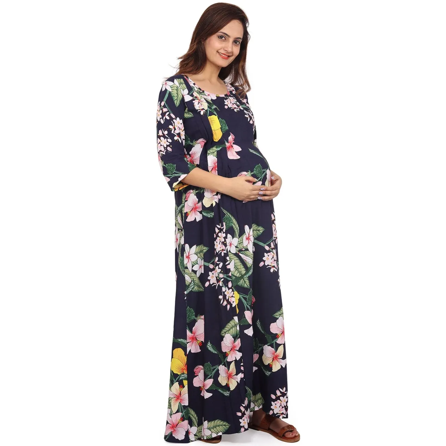 Baby Moo Full Length Comfortable Nursing And Maternity Dress Floral Lily - Blue