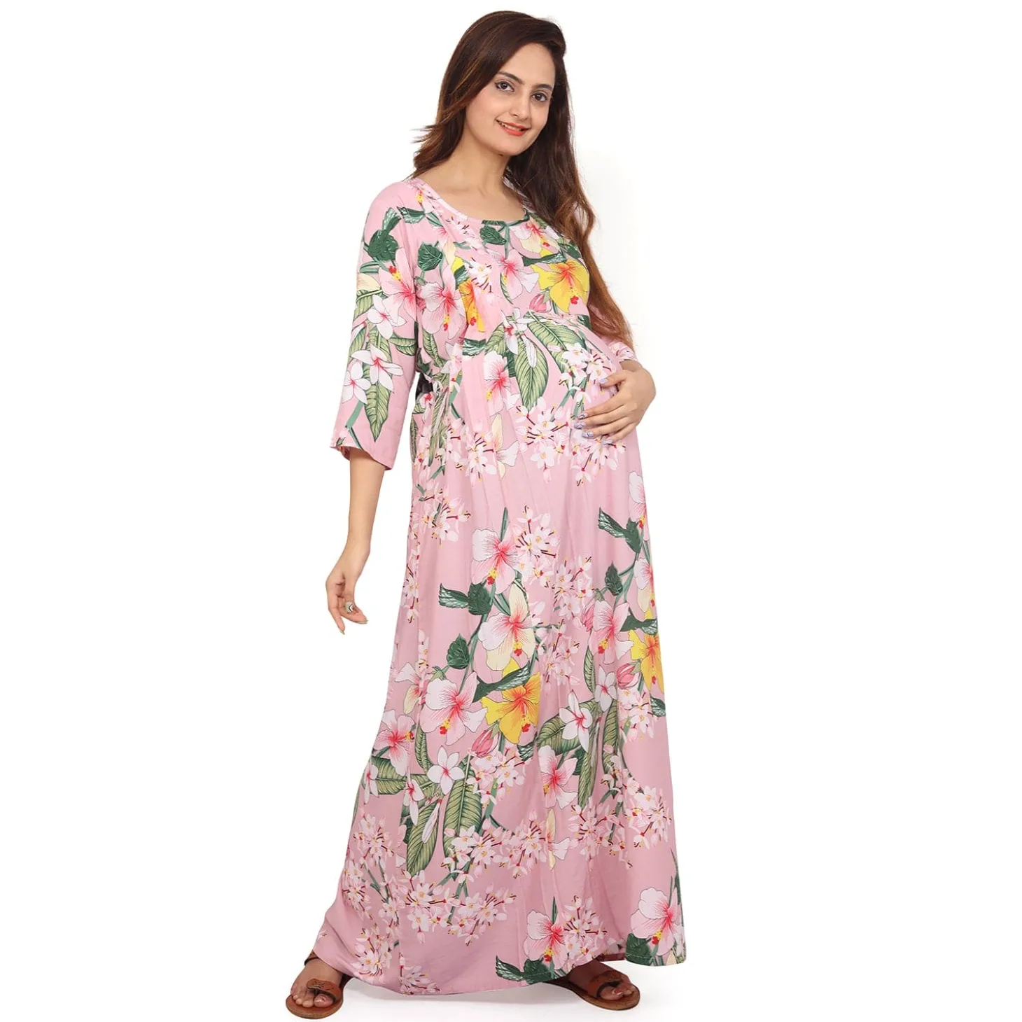 Baby Moo Full Length Comfortable Nursing And Maternity Dress Floral Lily - Pink
