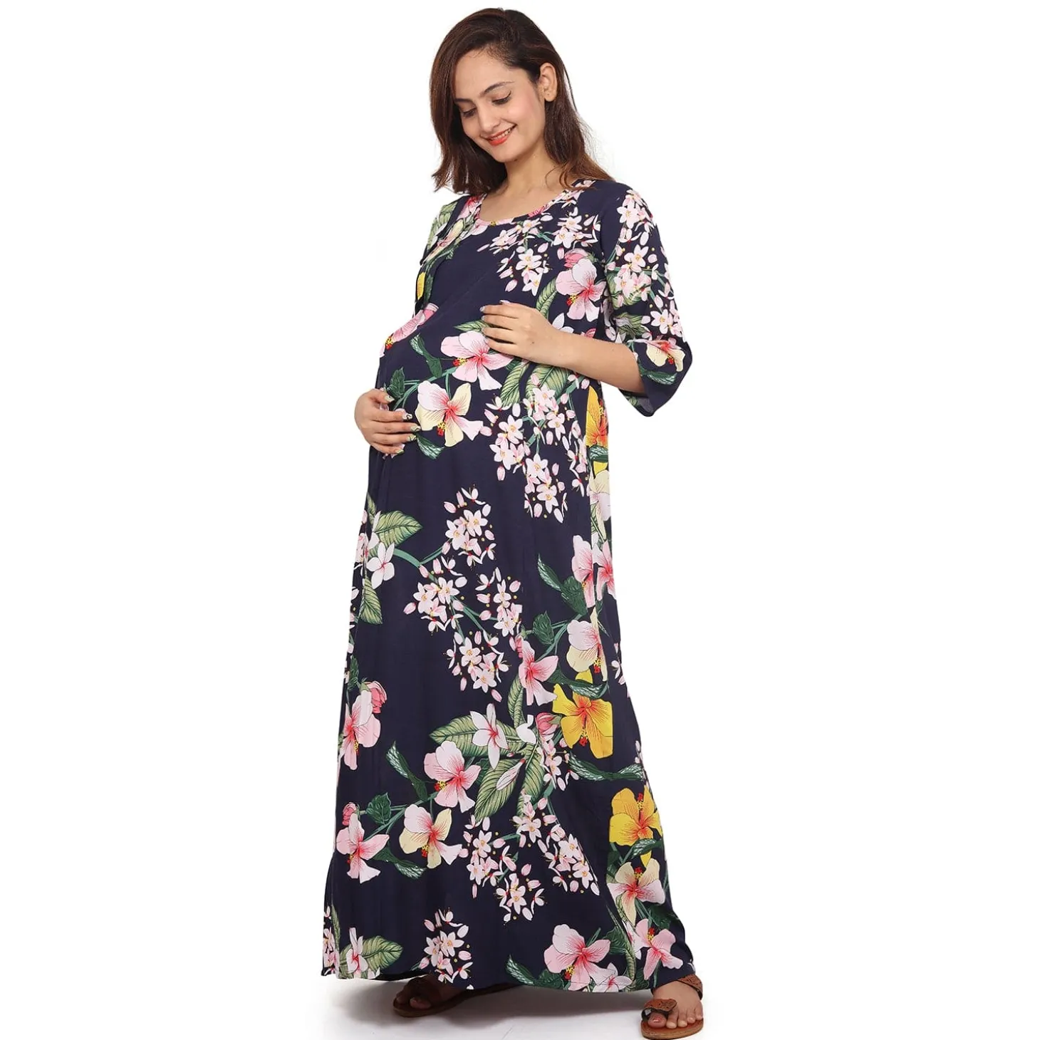 Baby Moo Full Length Comfortable Nursing And Maternity Dress Floral Lily - Blue
