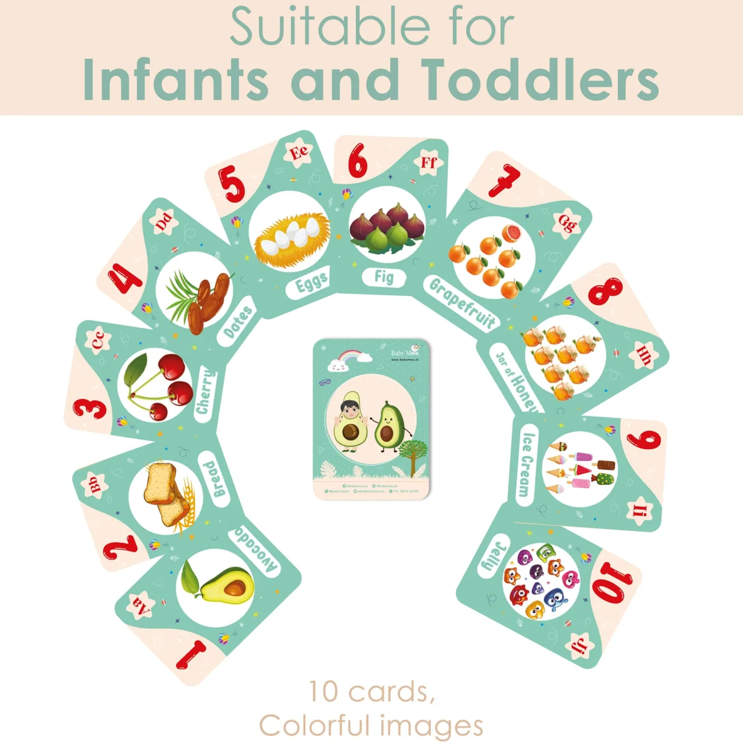 Baby Moo Fun With Food Numbers & Alphabets Montessori Set Of 10 Flash Cards - Green, Peach