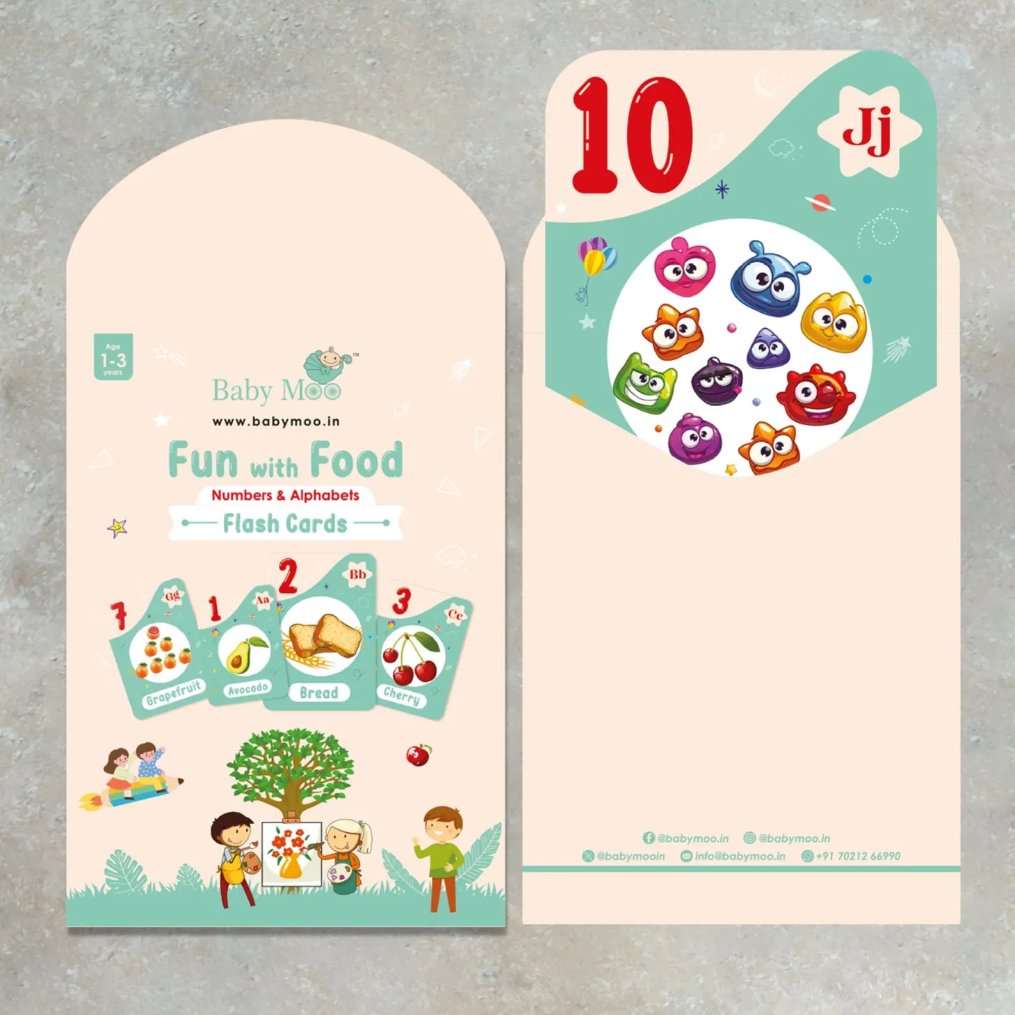 Baby Moo Fun With Food Numbers & Alphabets Montessori Set Of 10 Flash Cards - Green, Peach