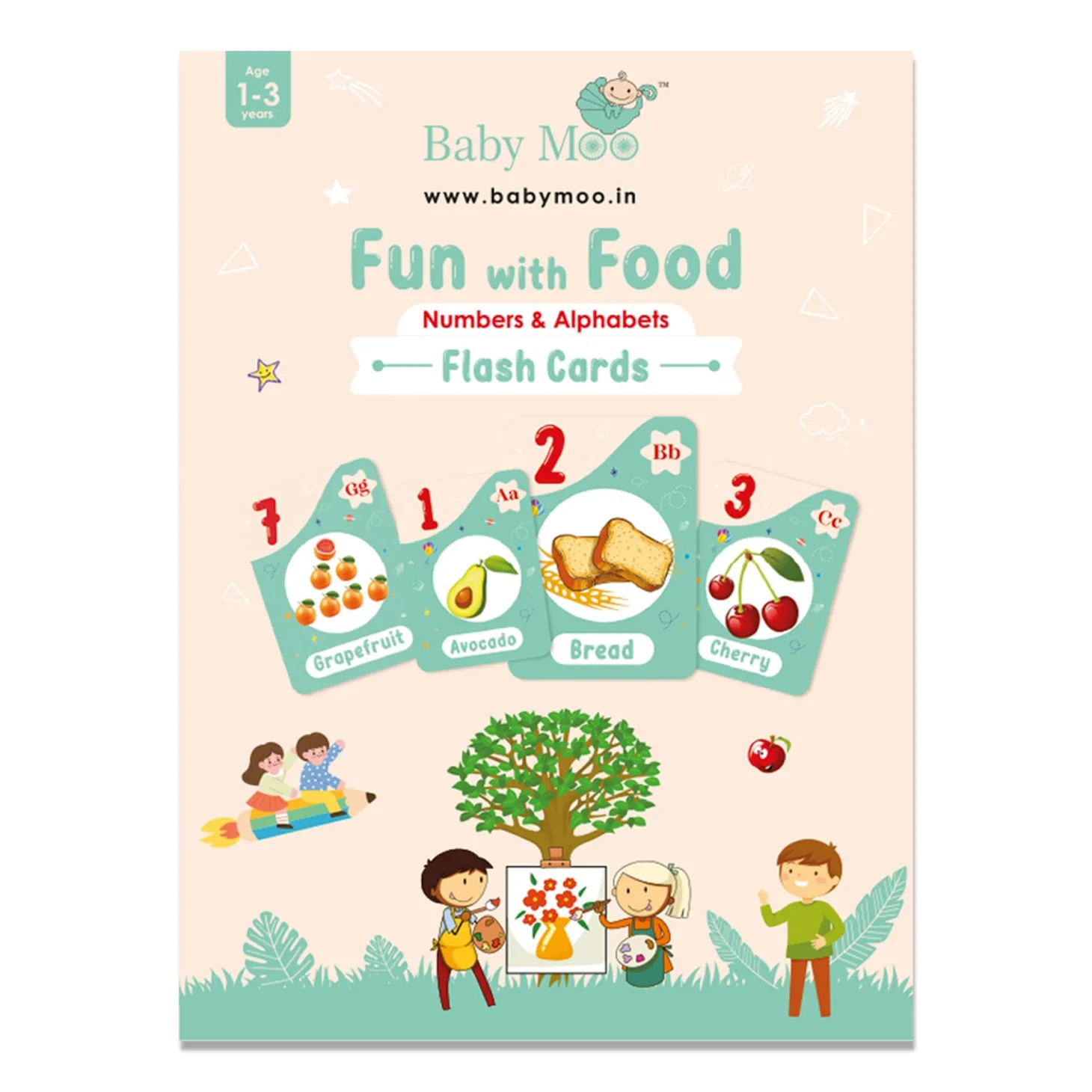Baby Moo Fun With Food Numbers & Alphabets Montessori Set Of 10 Flash Cards - Green, Peach
