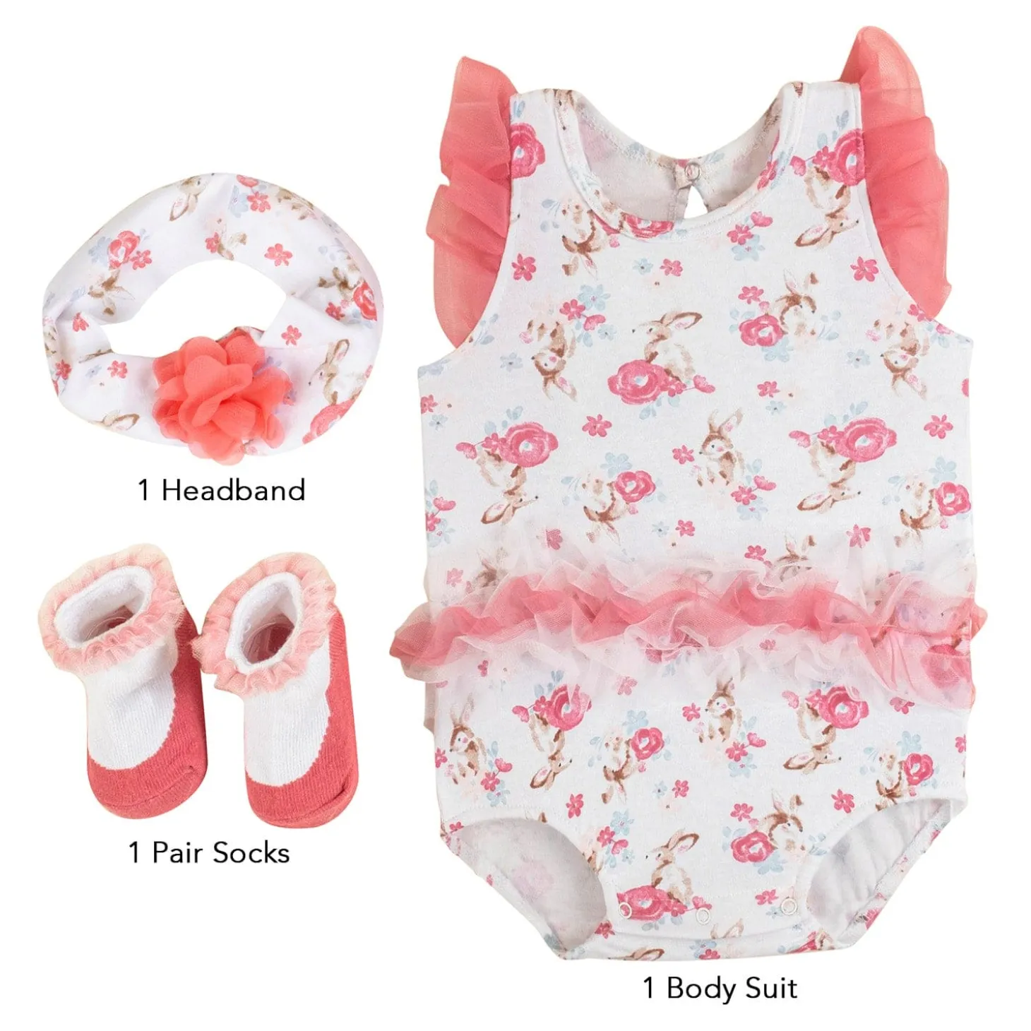 Baby Moo Garden Gift Set 3 Piece With Bodysuit, Socks And Headband - Pink, White