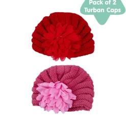 Baby Moo Girls Floral Petals 2 Pack Knitted Turban Caps - Red, Pink
