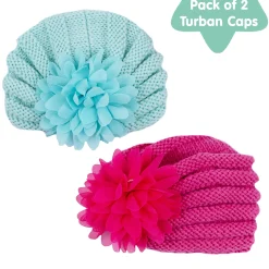 Baby Moo Girls Floral Petals 2 Pack Knitted Turban Caps - Turquoise, Maroon