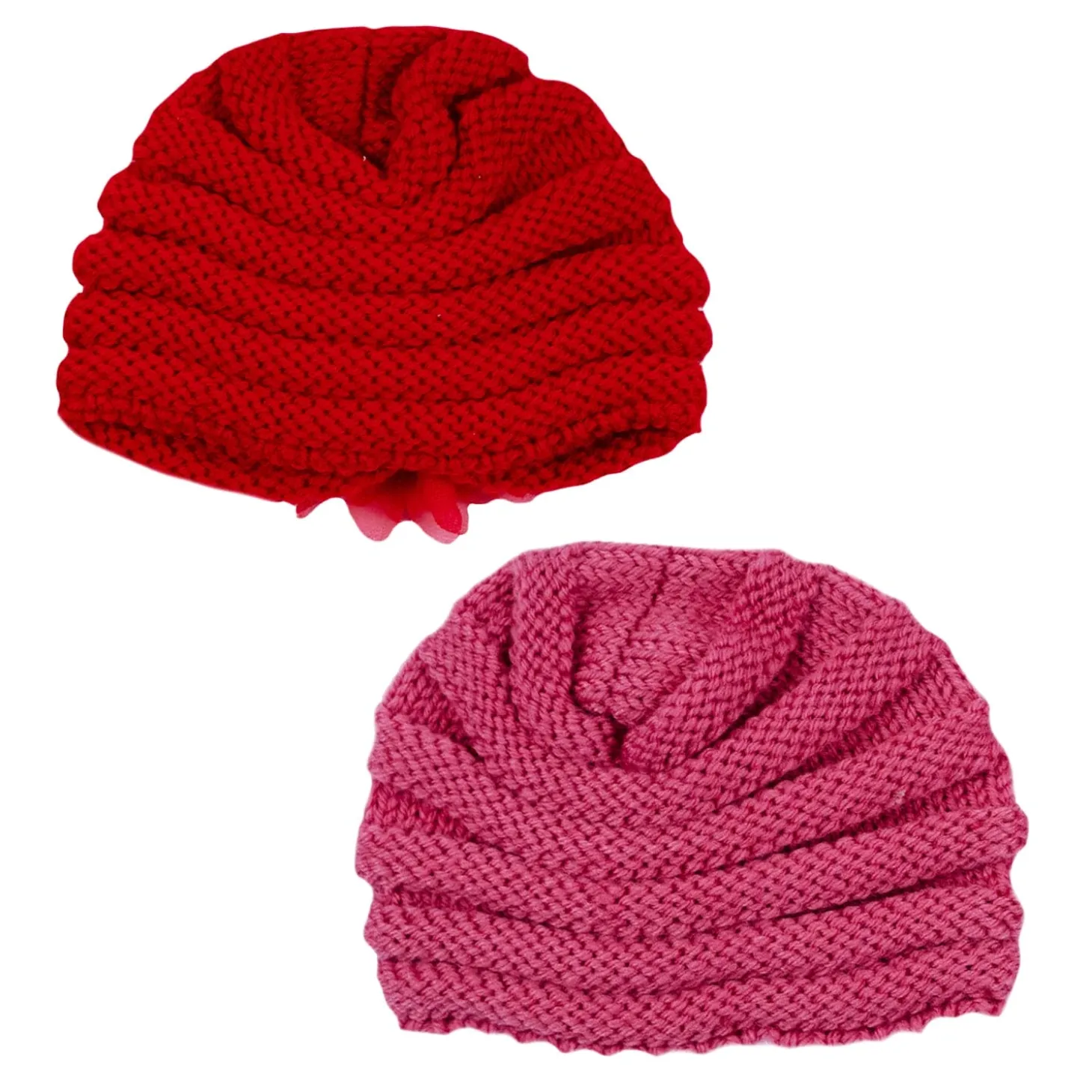 Baby Moo Girls Floral Petals 2 Pack Knitted Turban Caps - Red, Pink