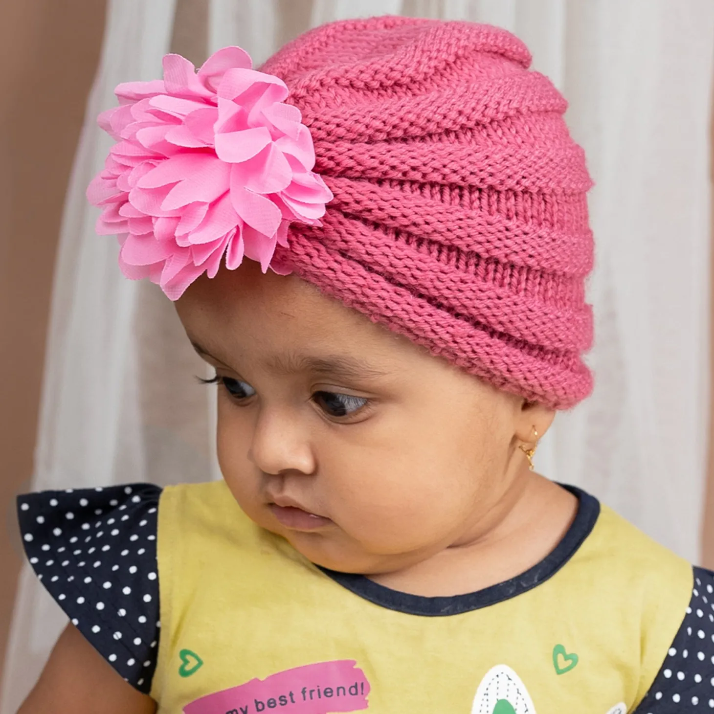Baby Moo Girls Floral Petals 2 Pack Knitted Turban Caps - Turquoise, Maroon