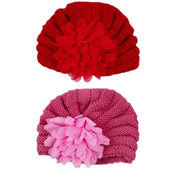 Baby Moo Girls Floral Petals 2 Pack Knitted Turban Caps - Red, Pink