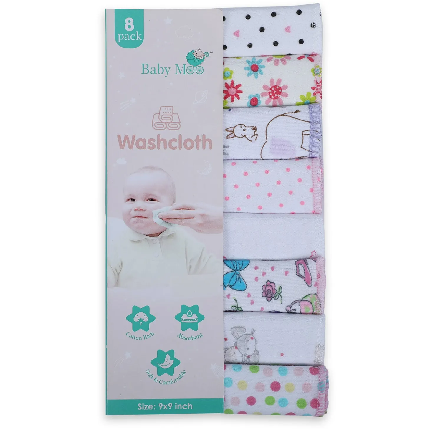 Baby Moo Girls Theme Cotton 20 x 20 cm Soft Hosiery Wash Cloth - Multicolour