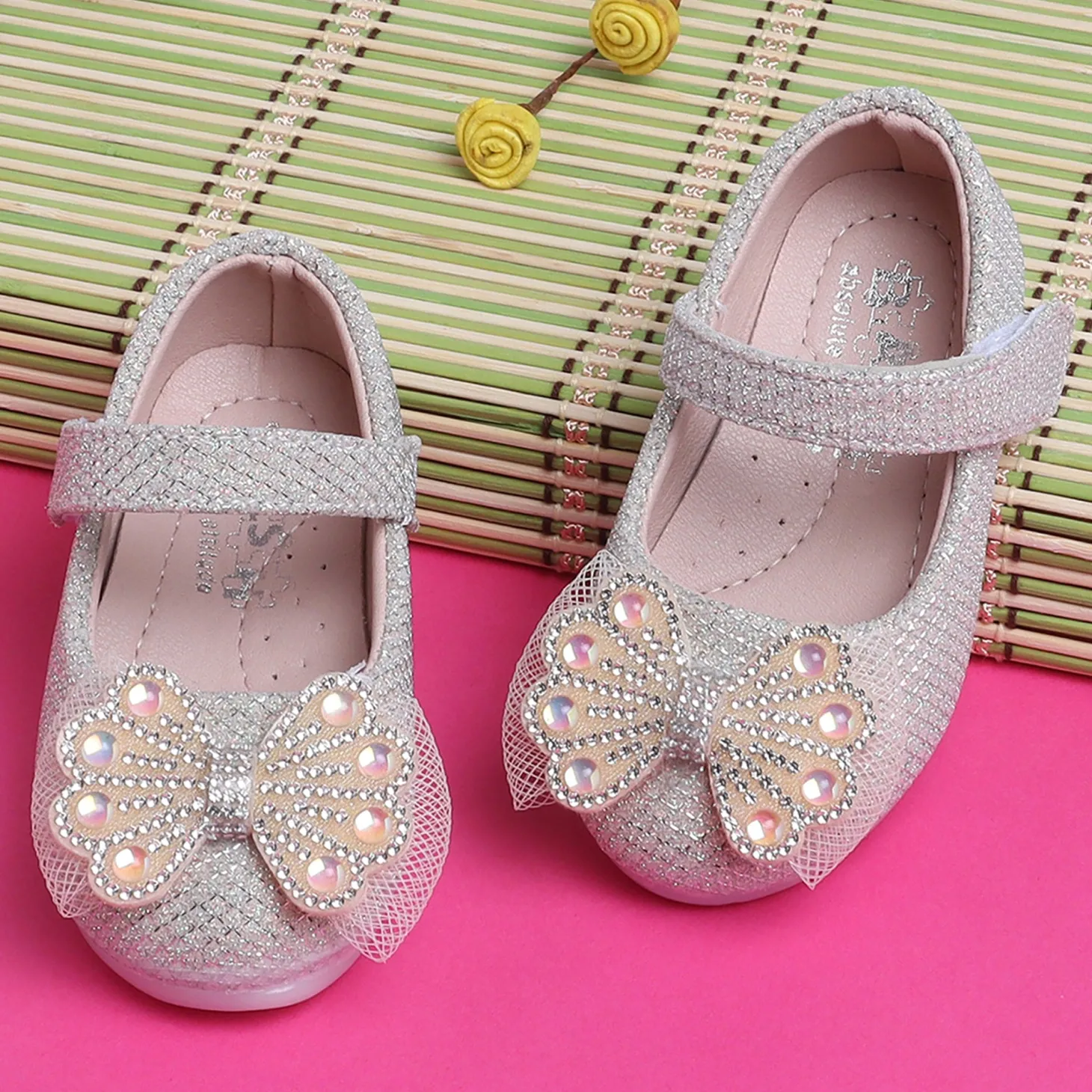 Baby Moo Glittery Butterfly Bow Mary Jane Velcro Strap Anti-Skid Ballerina Shoes - Pink