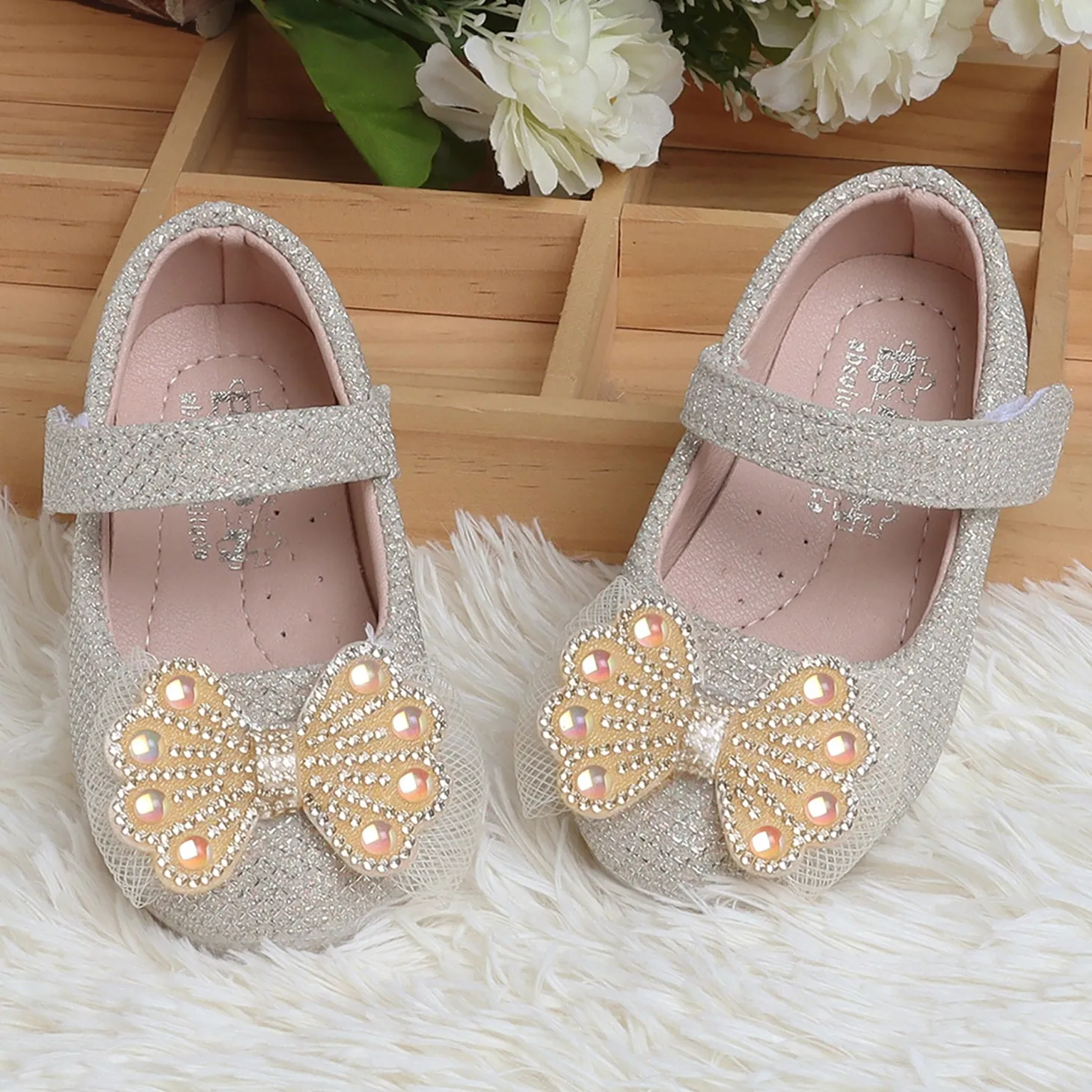 Baby Moo Glittery Butterfly Bow Mary Jane Velcro Strap Anti-Skid Ballerina Shoes - Gold