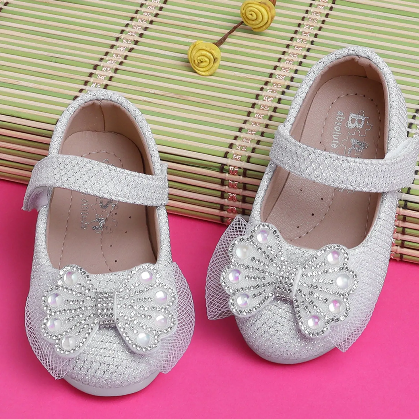 Baby Moo Glittery Butterfly Bow Mary Jane Velcro Strap Anti-Skid Ballerina Shoes - White