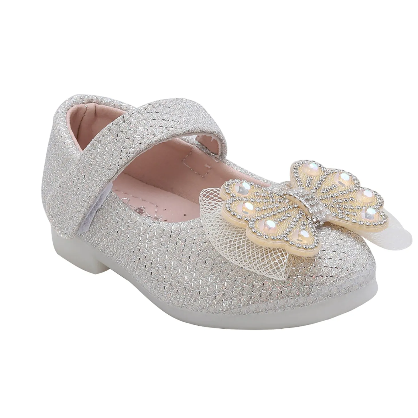 Baby Moo Glittery Butterfly Bow Mary Jane Velcro Strap Anti-Skid Ballerina Shoes - Gold