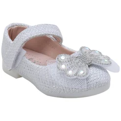 Baby Moo Glittery Butterfly Bow Mary Jane Velcro Strap Anti-Skid Ballerina Shoes - White