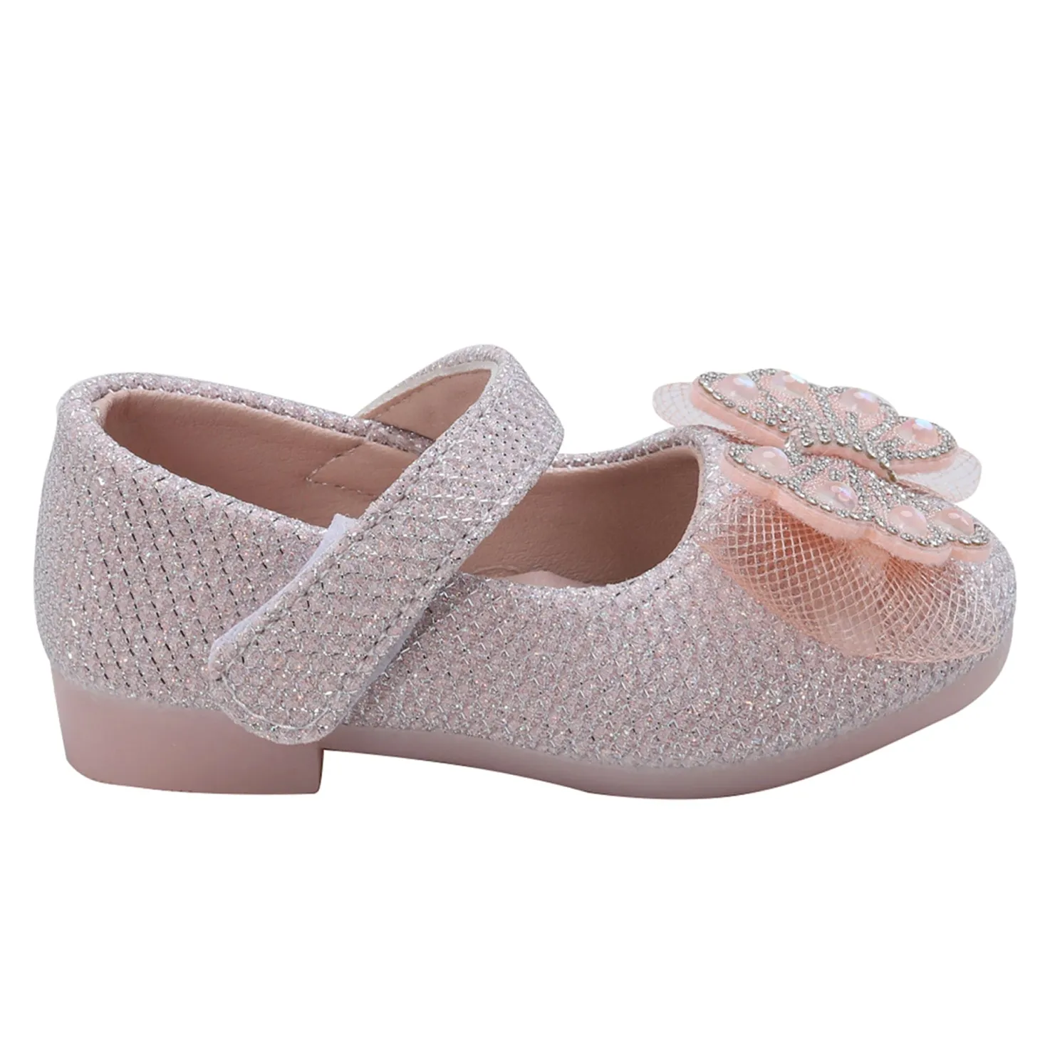 Baby Moo Glittery Butterfly Bow Mary Jane Velcro Strap Anti-Skid Ballerina Shoes - Pink