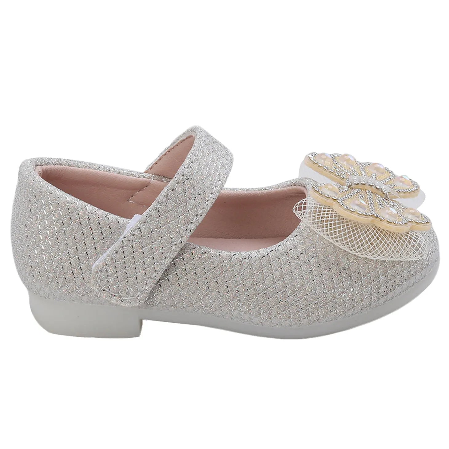 Baby Moo Glittery Butterfly Bow Mary Jane Velcro Strap Anti-Skid Ballerina Shoes - Gold