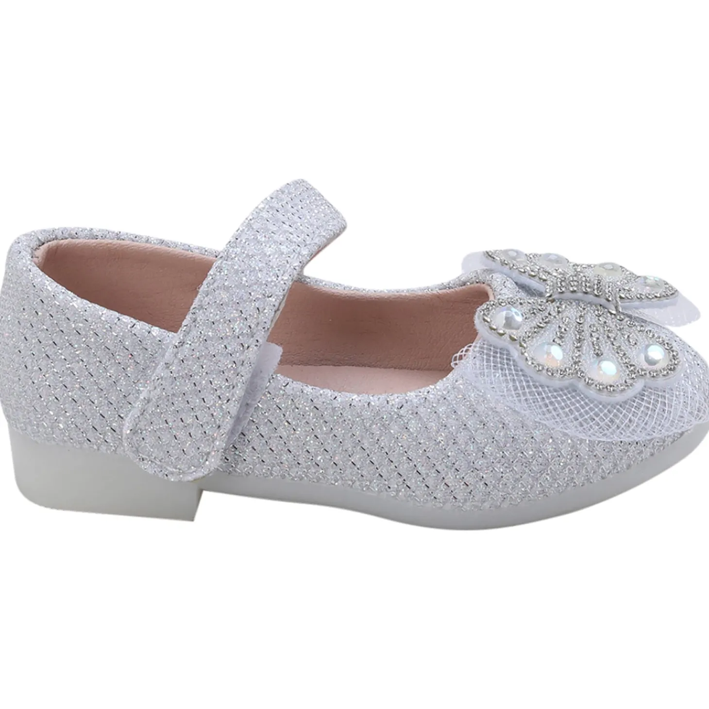 Baby Moo Glittery Butterfly Bow Mary Jane Velcro Strap Anti-Skid Ballerina Shoes - White