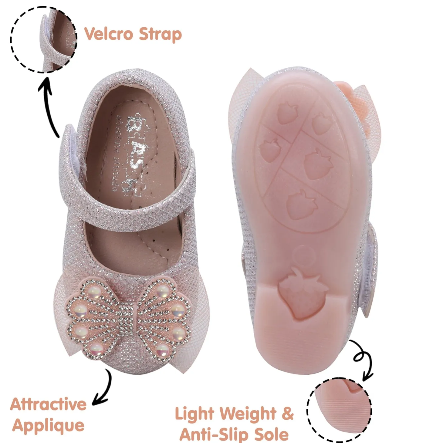 Baby Moo Glittery Butterfly Bow Mary Jane Velcro Strap Anti-Skid Ballerina Shoes - Pink