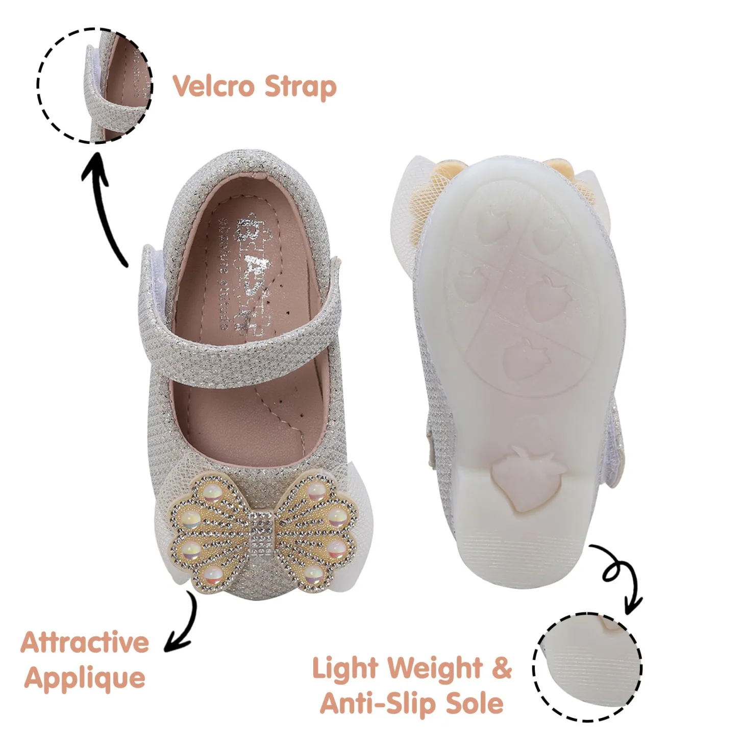 Baby Moo Glittery Butterfly Bow Mary Jane Velcro Strap Anti-Skid Ballerina Shoes - Gold