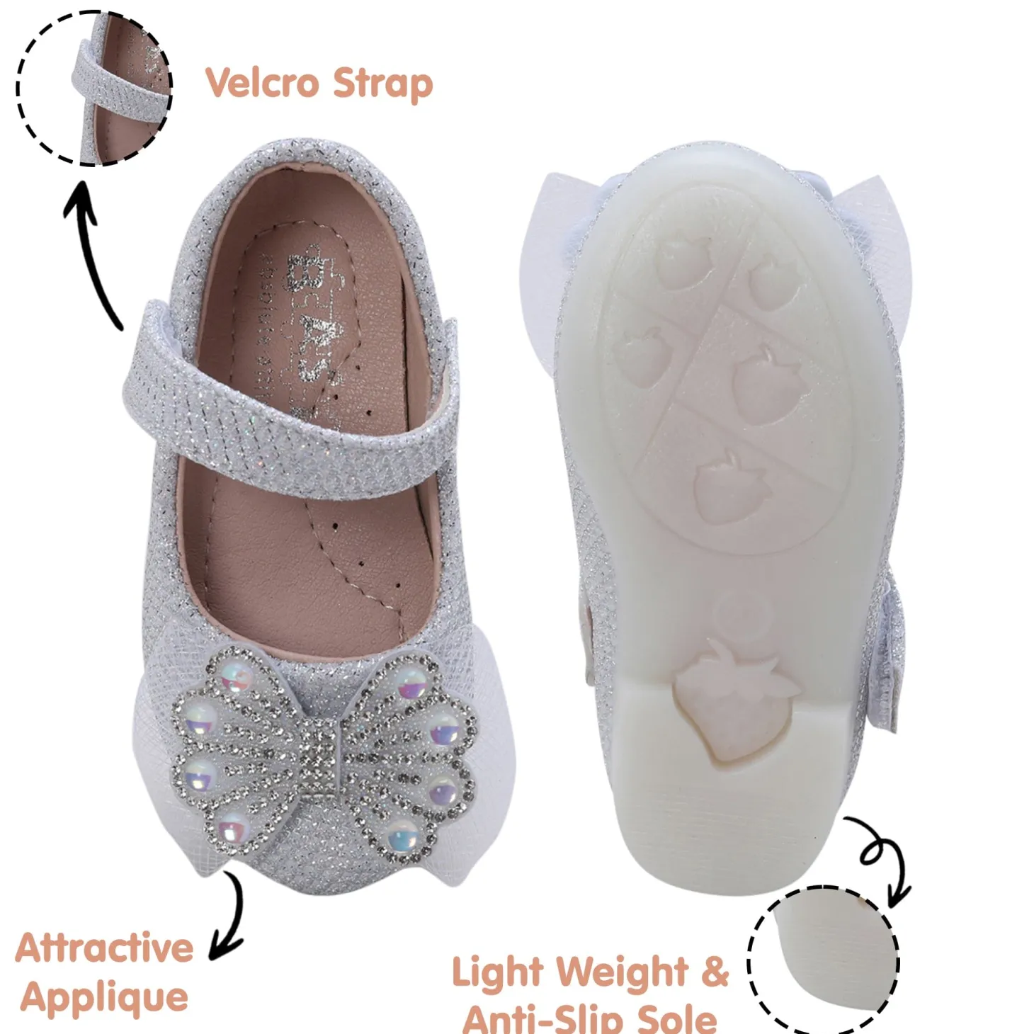 Baby Moo Glittery Butterfly Bow Mary Jane Velcro Strap Anti-Skid Ballerina Shoes - White