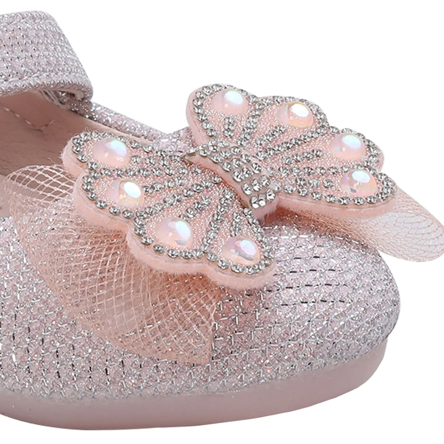 Baby Moo Glittery Butterfly Bow Mary Jane Velcro Strap Anti-Skid Ballerina Shoes - Pink