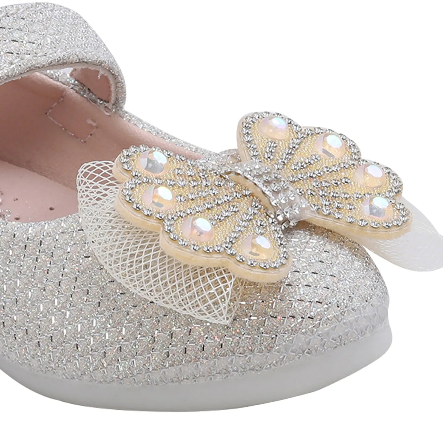 Baby Moo Glittery Butterfly Bow Mary Jane Velcro Strap Anti-Skid Ballerina Shoes - Gold