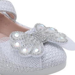 Baby Moo Glittery Butterfly Bow Mary Jane Velcro Strap Anti-Skid Ballerina Shoes - White